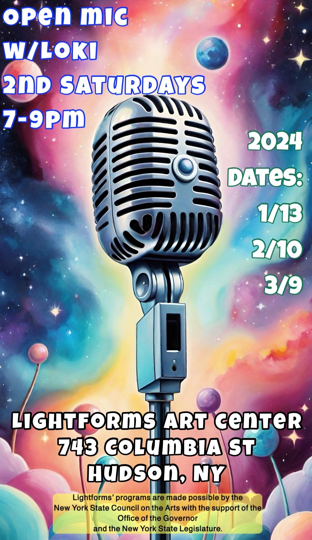 Loki's open mic night poster. The info is written on it with the image being a cartoon galaxy background and cartoon old fashioned microphone