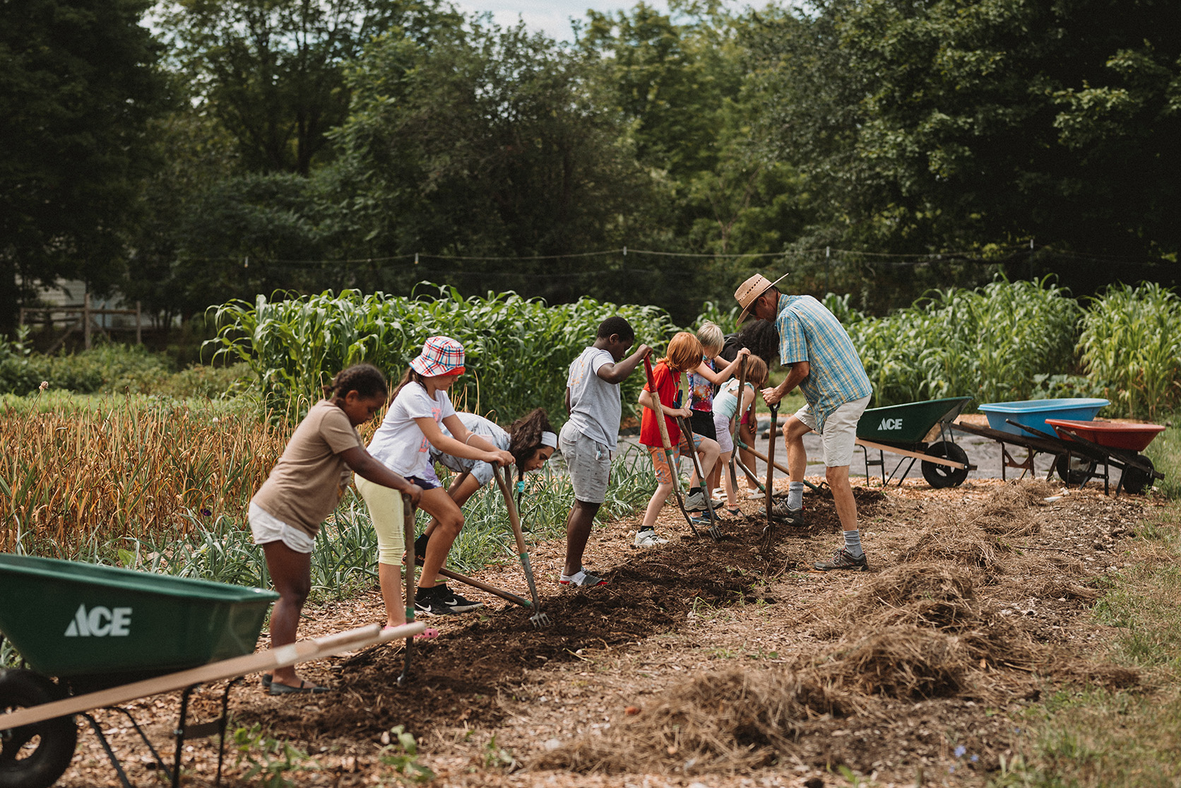 Children learning how to work the soil on the farm with a summer camp educator; the children are standing in a row cultivating the soil with pitchforks and rakes